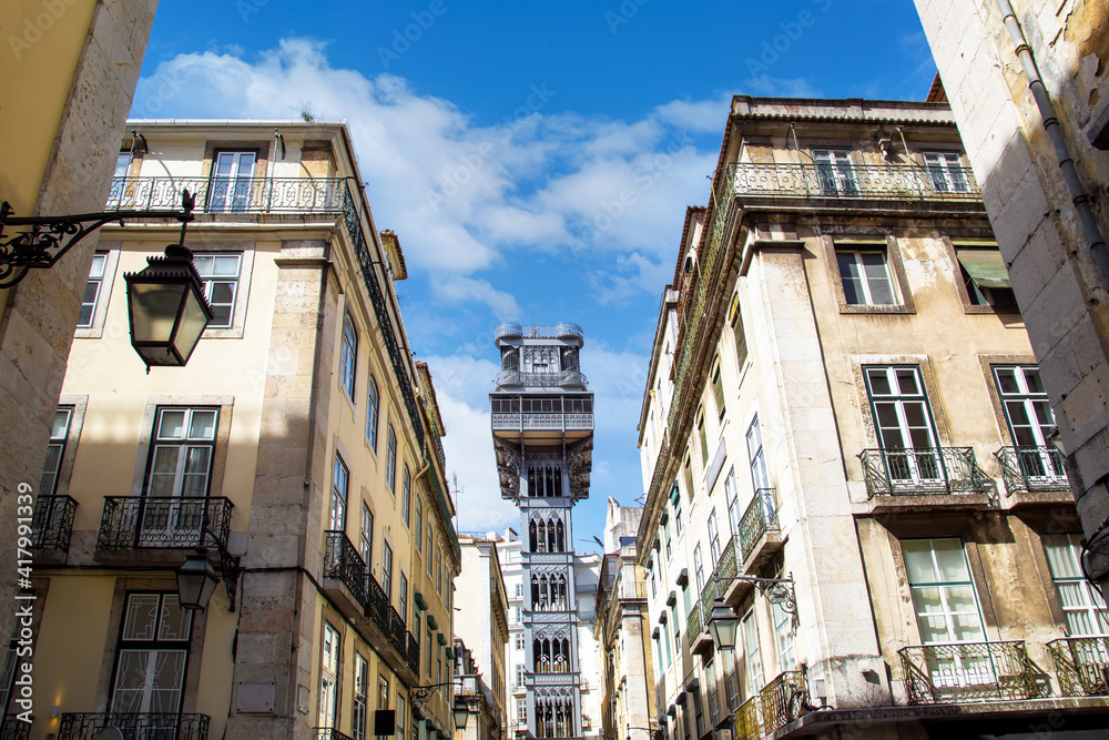 Santa Justa Elevator Entrance located near Rossio Square in Lisbon historic city center.