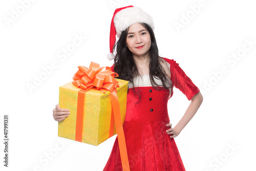 Happy Christmas beauty woman wears red shirt isolated white background.