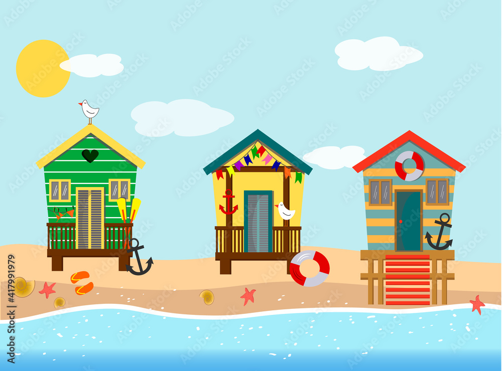 Illustration with beach houses by the sea. Rest on the sea - beach, sea, sand, sun and various attributes for a fun holiday. Vector illustration for decorating brochures, flyers, showcases