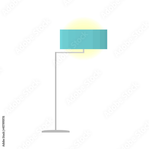 Green floor lamp for the living room on a steel stand with curves. A modern lamp for a bedroom, living room or work desk. Flat vector illustration