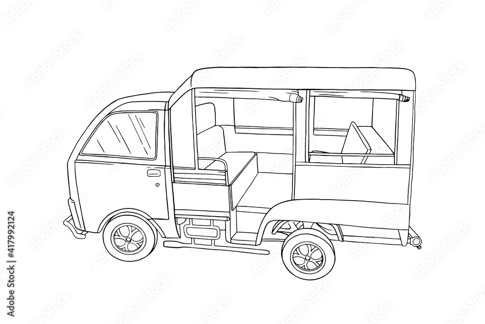 Fototapeta premium Thailand songthaew bus vehicle. Engraved songthaew or tuk-tuk taxi isolated in white background. Outline vector illustration