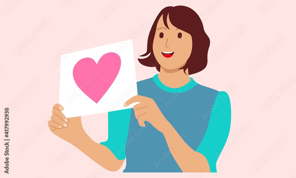 Cute girl hold heart sign, flat design vector illustration Cute girl hold heart sign, flat design vector illustration