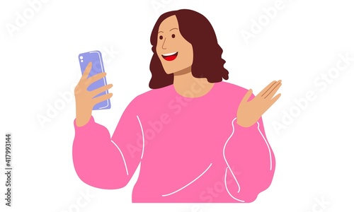 Shocked girl looks into her smartphone. Flat design vector illustration