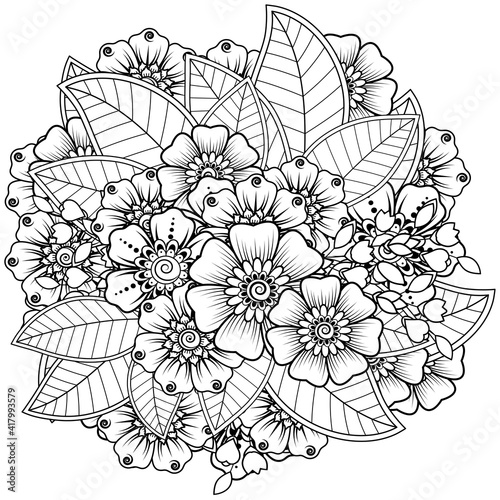 Mehndi flower decoration in ethnic oriental  indian style. doodle ornament. outline hand draw illustration. coloring book page.