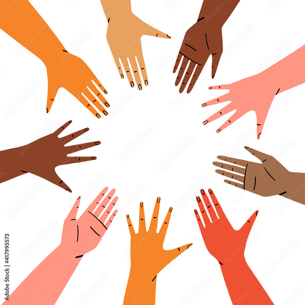 Diverse reaching hands circle isolated on white background. Concept of social support and unity. Hand drawn flat vector illustration.