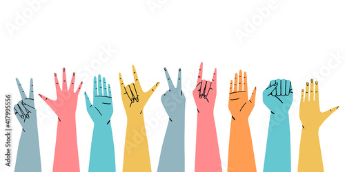 Diverse raised hands isolated on white background. Concept of social support and unity. Hand drawn colorful flat vector illustration.