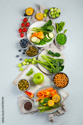 Healthy plant based food, best protein source on light grey background.
