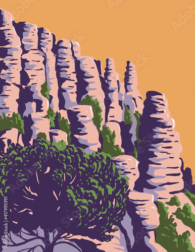 WPA poster art of the hoodoos and balancing rocks Chiricahua National Monument located in the Chiricahua Mountains of southeastern Arizona, United States done in works project administration style.