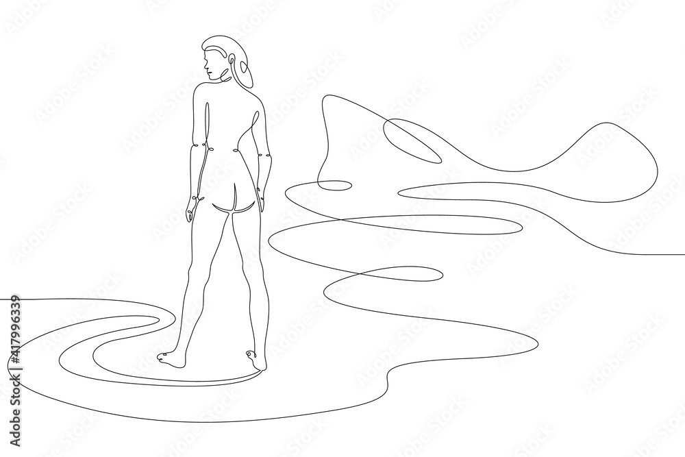 Girl stands on the seashore. Landscape of mountains and rocks.One continuous drawing line  logo single hand drawn art doodle isolated minimal illustration.