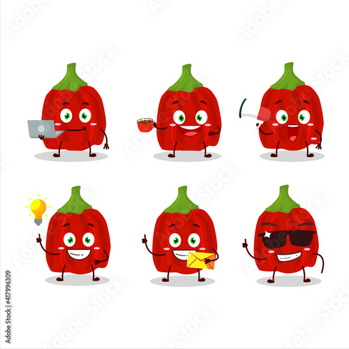 Red habanero cartoon character with various types of business emoticons