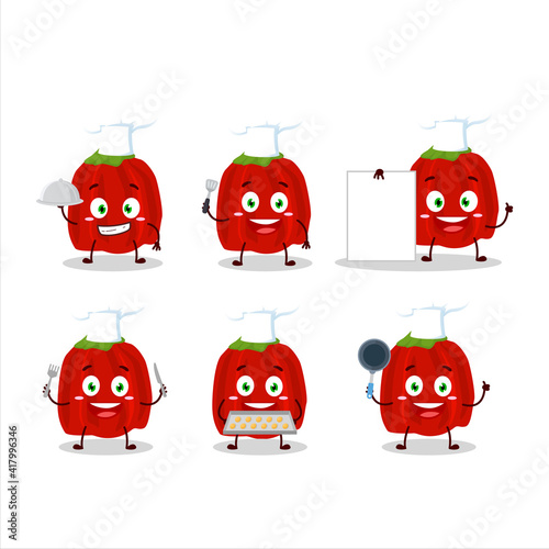 Cartoon character of red habanero with various chef emoticons