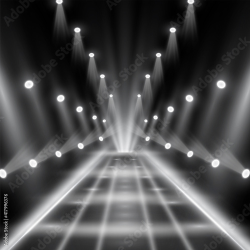 White glowing light illumination catwalk vector with projectors, celebrity scene concert, performance presentation, car street floodlights, road headlights. Magical fabulous soffits luxurious concept.