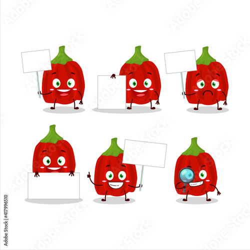 Red habanero cartoon character bring information board