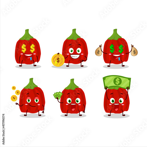 Red habanero cartoon character with cute emoticon bring money