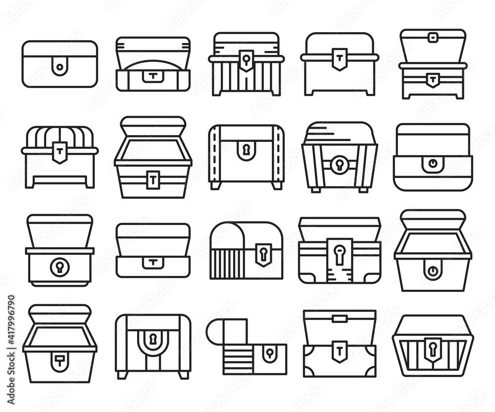 treasure chest icons set line style