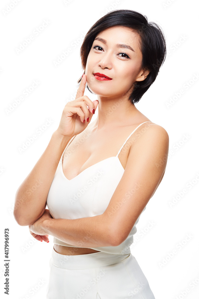Attractive asian woman isolated on white background.