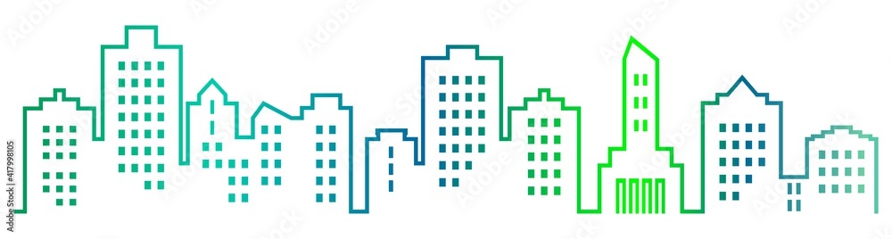 Sillhouette of town, group of high-rise houses with windows. Multicolored vector icon.  Blue and green colors.