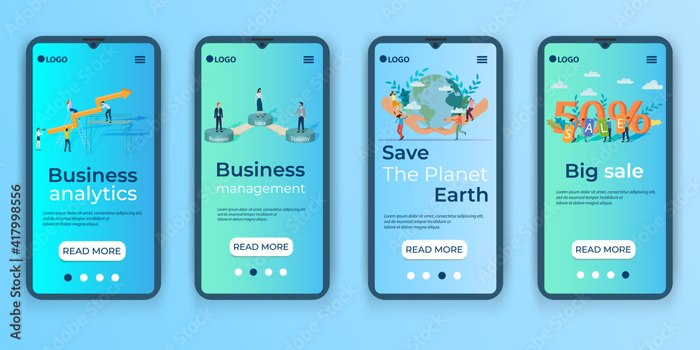 Business Analytics, Business Management, Land Protection, Big Sale.A set of UI, UX interfaces for smartphone screens.Features of adaptive design.Flat vector illustration.