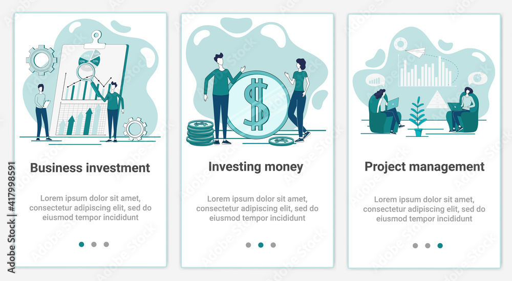A set of UI and UX interfaces for smartphone screens.Features of adaptive design.The theme of the Business investment and project management.Flat vector illustration.