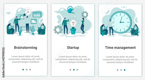 A set of UI and UX interfaces for smartphone screens.Features of adaptive design.The theme of Brainstorming and startup.Flat vector illustration.