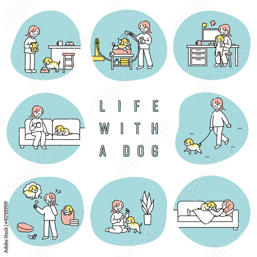 犬と一緒に生活する女性のイラストセット
