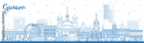 Outline Geneva Switzerland City Skyline with Blue Buildings.