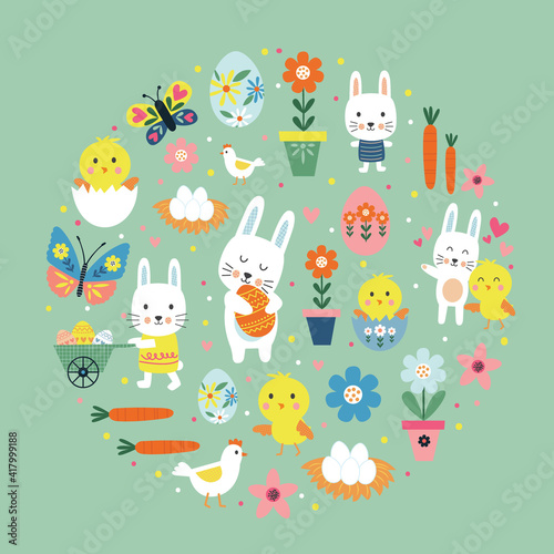 Happy easter pattern with cute bunny  egg  flower  branch  chicken with colorful