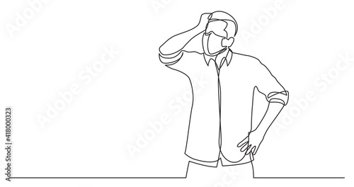 continuous line drawing of standing confused man in shirt wearing face mask