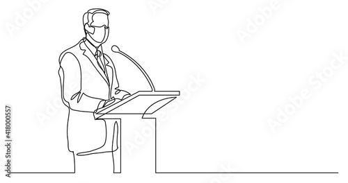 continuous line drawing of speaker talking before microphone wearing face mask