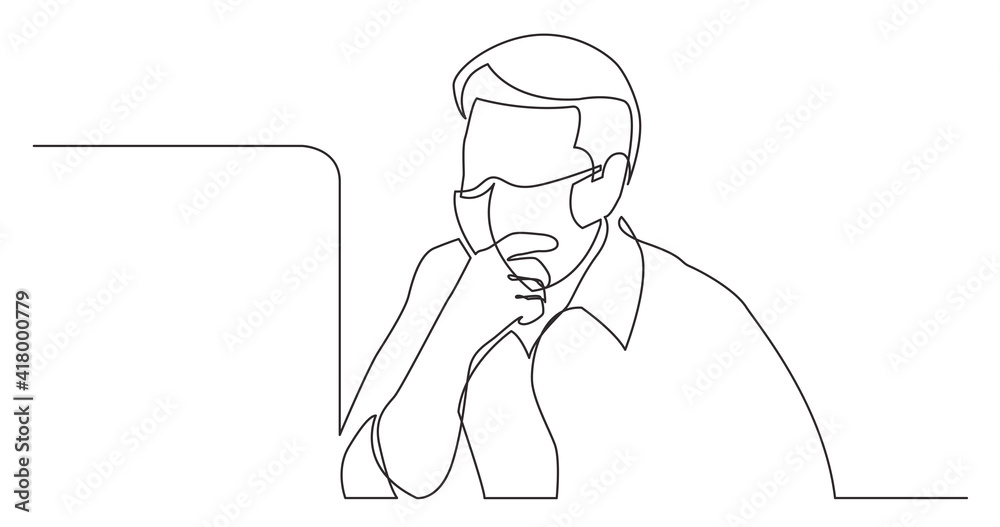 continuous line drawing of computer worker focused on work wearing face mask