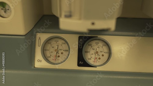 Close view of two pressure gauge of anaesthetic machine oxygen and medical air photo