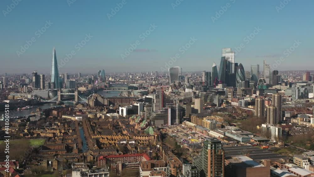 Establishing Aerial View of Tower Bridge, Shard, London Skyline, London, United Kingdom Establishing Aerial View of Tower Bridge, Shard, London Skyline, London, United Kingdom