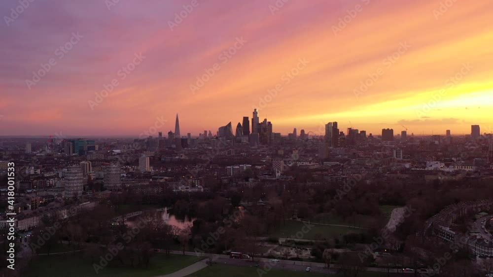 Epic Sunset and Orange Light, Establishing Aerial View Shot of London UK, United Kingdom Epic Sunset and Orange Light, Establishing Aerial View Shot of London UK, United Kingdom
