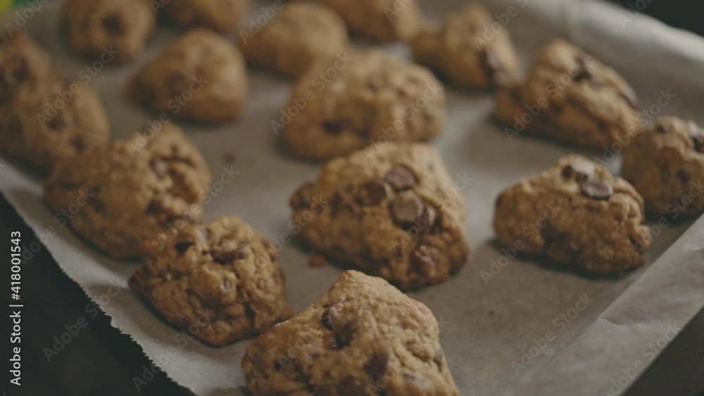 Soft And Chewy Oatmeal Chocolate Chip Cookies On Baking Tray With Parchment Paper. - close up Soft And Chewy Oatmeal Chocolate Chip Cookies On Baking Tray With Parchment Paper. - close up