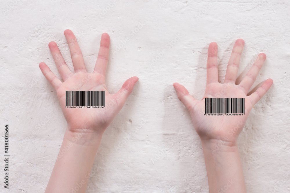 Barcodes on human palms. Identity identification concept.
