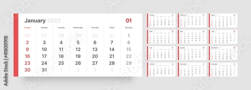 Monthly calendar template for 2022 year. Week Start on Sunday. Wall calendar in a minimalist style.