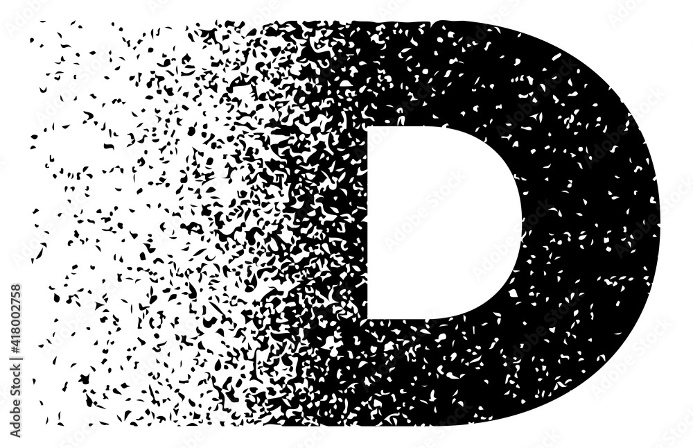 Capital D letter with dispersion effect on white background vector illustration. Styled letter design for logo, label, luxury concept, jewelry, gold business or web page graphic elements.