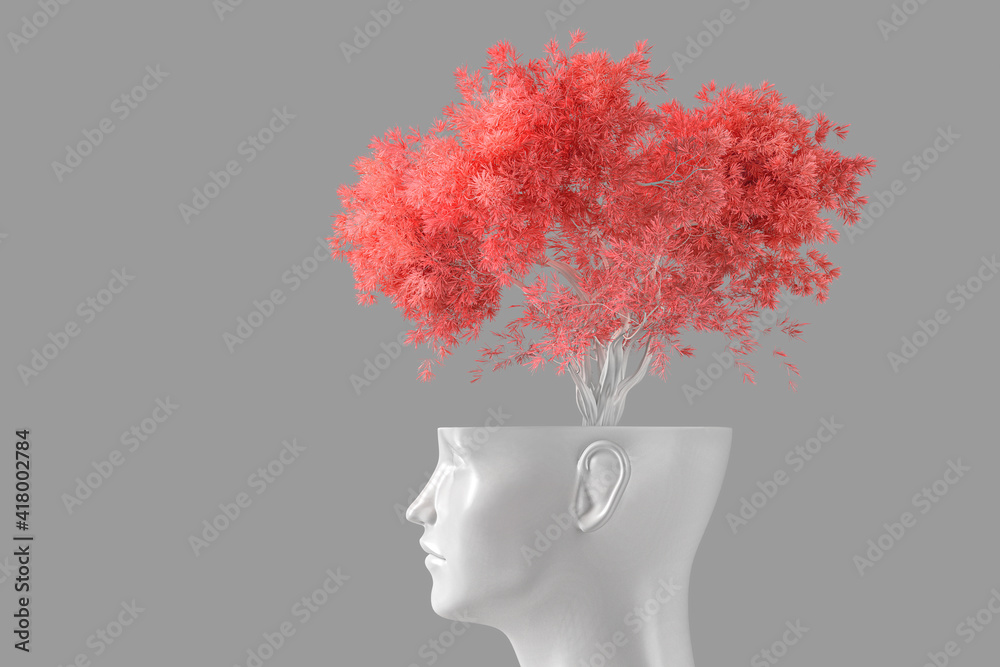 The concept of self-knowledge, meditation and personal growth. The white head of a woman in the form of a flower pot from which a tree grows. 3d illustration