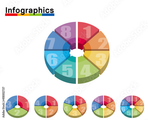 インフォグラフィックス｜3D立体的な3～8分割カラフル円グラフのグラフィック素材セット