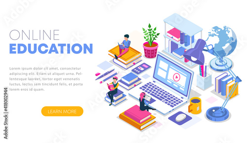 Modern flat design isometric concept of Online Education. Landing page template. Training courses, specialization, tutorials, lectures. Can use for web banner, infographics, and website. Vector illust