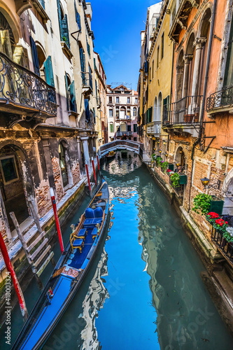Colorful Gondola Small Side Canal Bridge Venice Italy © Bill Perry