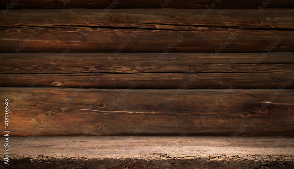 Fototapeta premium Selected focus empty brown wooden table and wall texture or old black brick wall blur background image. for your photomontage or product display