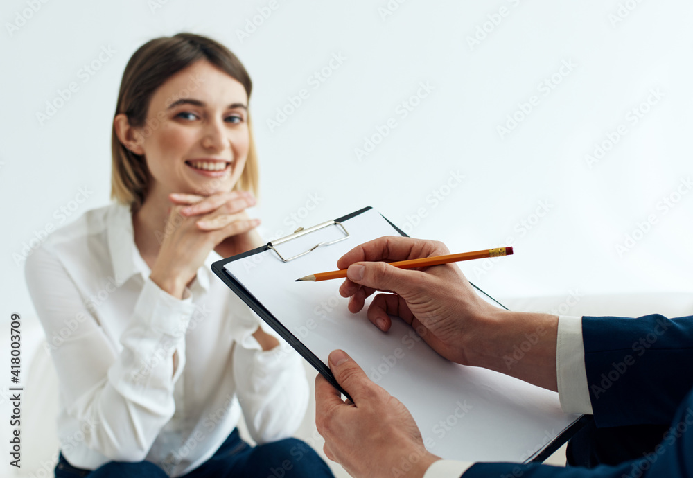 woman in suit and man with documents business finance employees woman in suit and man with documents business finance employees