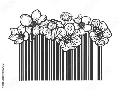 Barcode with flowers sketch engraving vector illustration. T-shirt apparel print design. Scratch board imitation. Black and white hand drawn image.