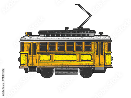 vintage tram color sketch engraving vector illustration. T-shirt apparel print design. Scratch board imitation. Black and white hand drawn image.