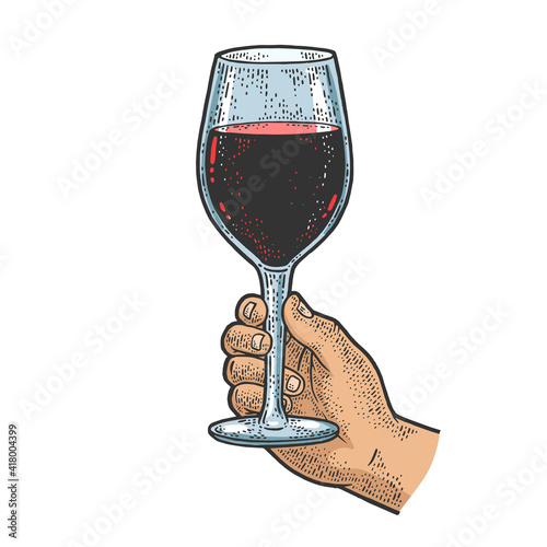 huge glass with wine in hand color sketch engraving vector illustration. T-shirt apparel print design. Scratch board imitation. Black and white hand drawn image.