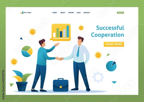 Successful cooperation between two businessmen. Flat 2D landing page