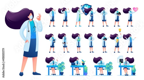 Set of Woman doctor. Presentation in various in various poses and actions. 2D Flat character vector illustration N2