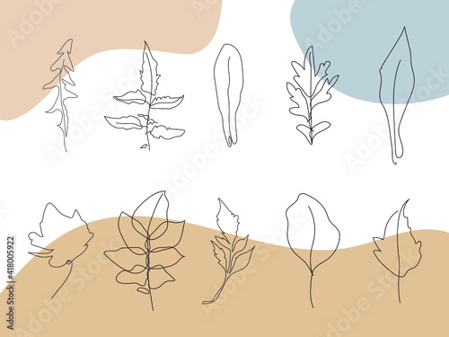 Collection of one line drawing art with tropical leaves Vector