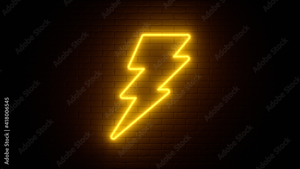 Neon sign on a brick wall. Glowing lightning charge icon. Abstract background, spectrum vibrant colors. 3d render illustration.